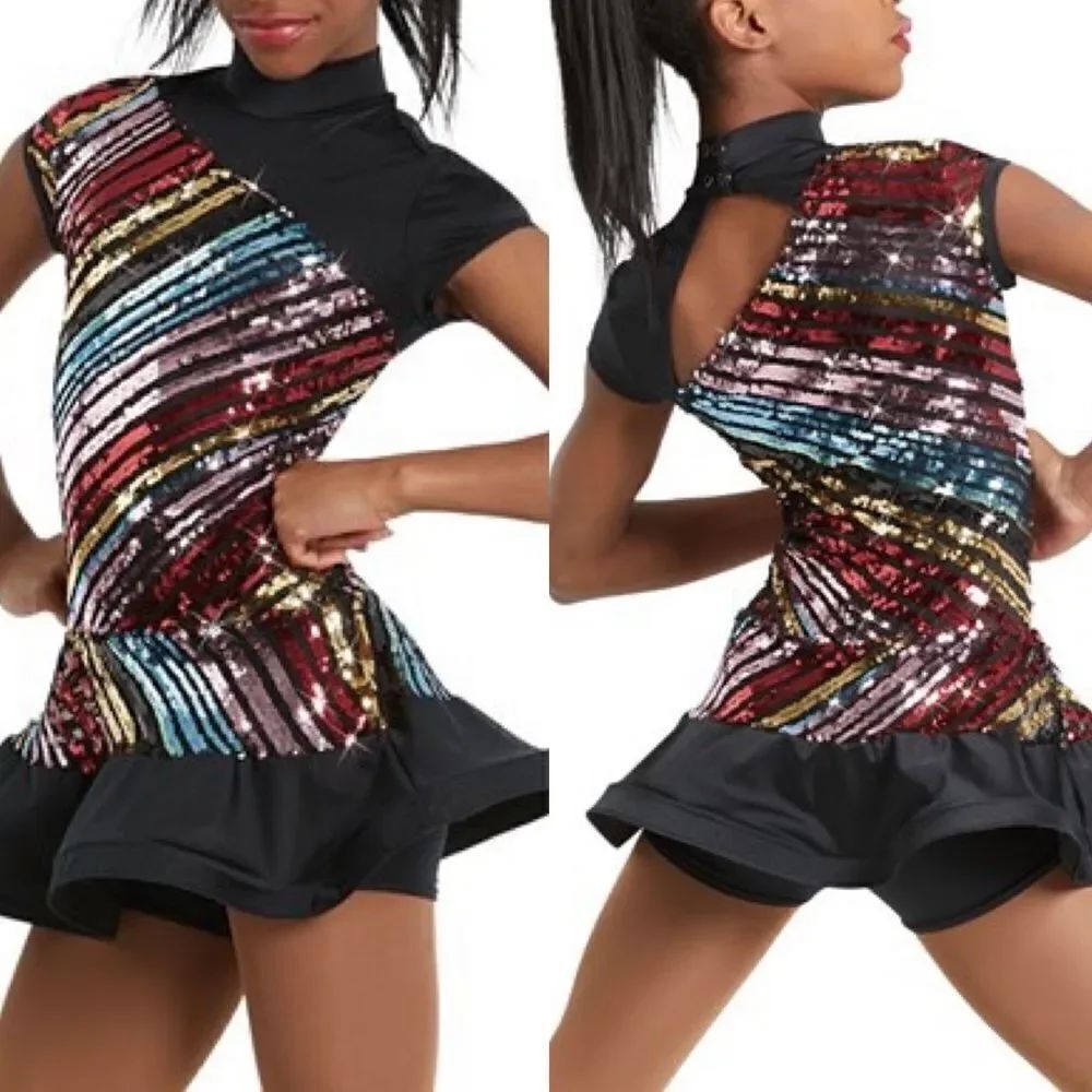 Weissman Dance costume dress black colorful sequin Paparazzi 11615 Child XLC